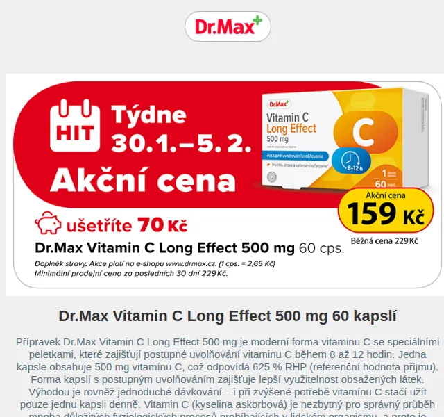 Dr.Max: Sleva 70 Kč na Vitamin C Long Effect 500 mg – červen 2026 | Nuslet.cz