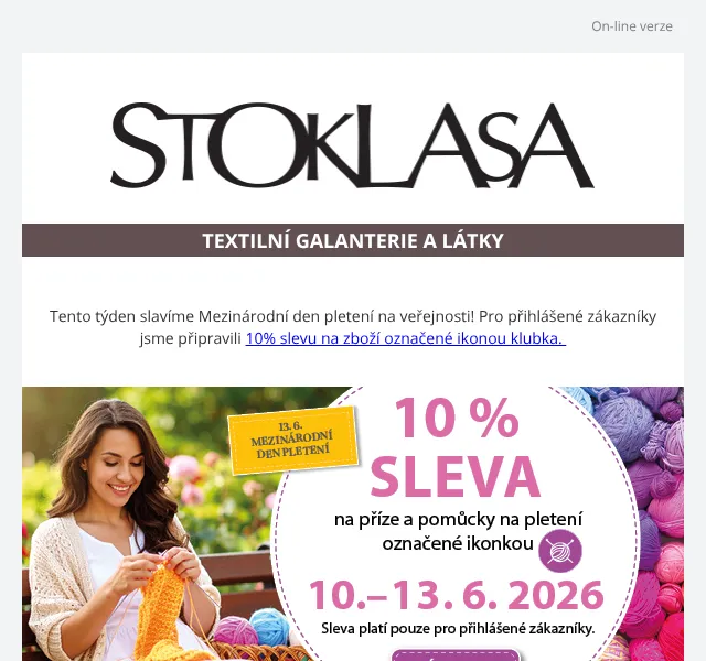 Stoklasa: 10% sleva na pletení – červen 2026 | Nuslet.cz