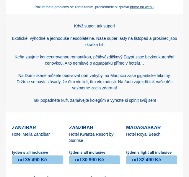 Čedok: super lasty od 14 990 Kč – listopad a prosinec 2026 | Nuslet.cz
