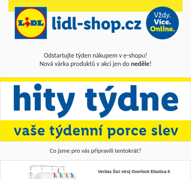 Lidl: Hity týdne – šicí stroj Veritas Overlock, espresso kávovar – prosinec 2026