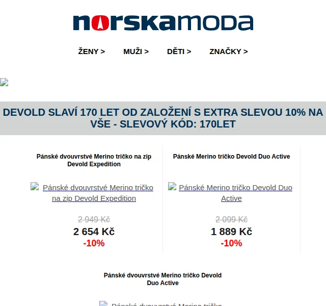 Norskamoda.cz: extra sleva 10 % na vše Devold – červen 2026 | Nuslet.cz
