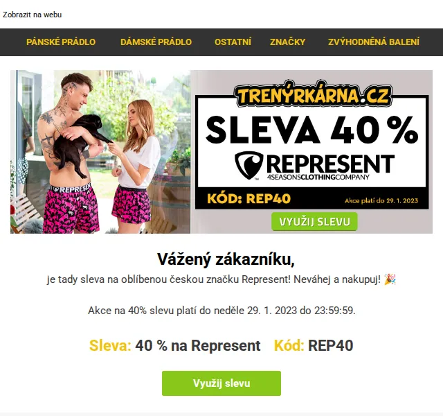 Trenýrkárna: 40% sleva na Represent – červen 2026 | Nuslet.cz