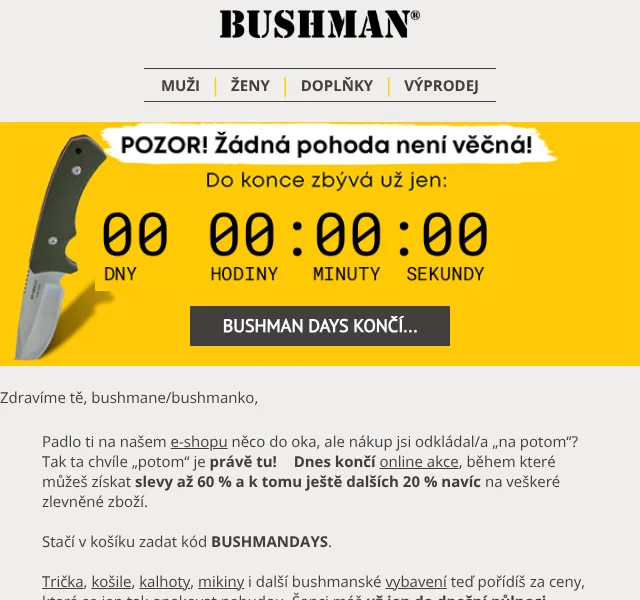 BUSHMAN: slevy až 60 % + 20 % kód – květen 2026
