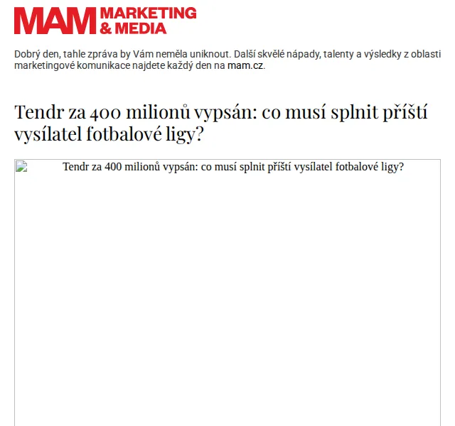 Marketing & Media: Tendr na fotbalovou ligu za 400 milionů – červenec 2026 | Nuslet.cz