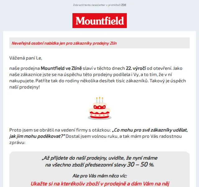 Mountfield: narozeninová sleva 15 % na vše – březen 2026 | Nuslet.cz