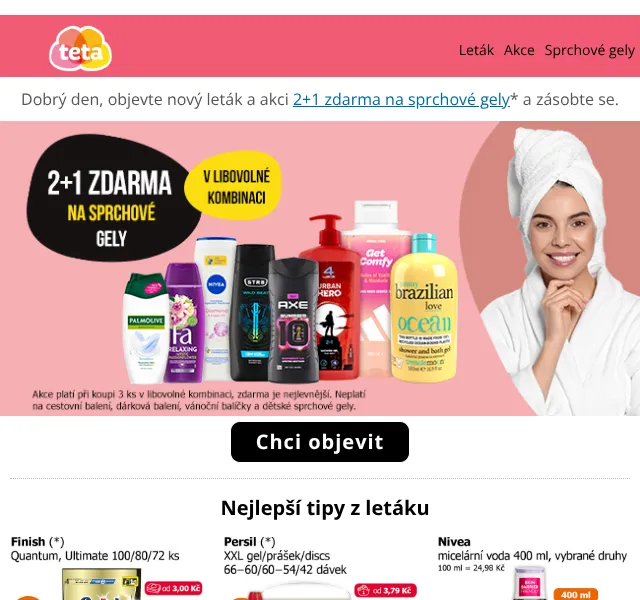 Teta drogerie: 2+1 zdarma na sprchové gely + sleva do 50 % – květen 2026 | Nuslet.cz