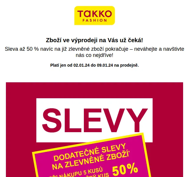 Takko Fashion: Sleva až 50 % navíc na zlevněné zboží – červen 2026 | Nuslet.cz
