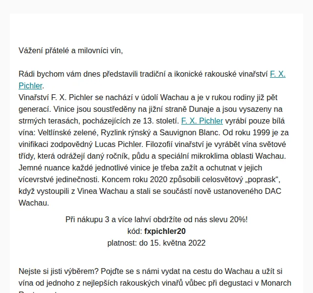 Premier Wines & Spirits: F.X. Pichler se slevou 20 % – červen 2026 | Nuslet.cz