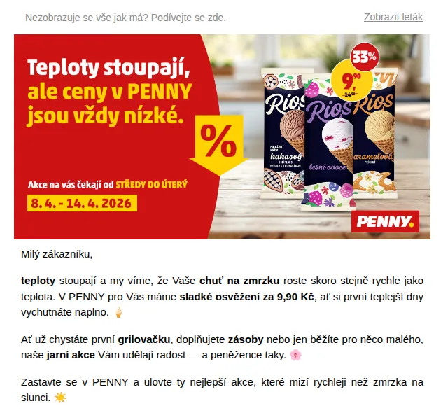 PENNY: zmrzlina RIOS 9,90 Kč, vepřová panenka – duben 2026