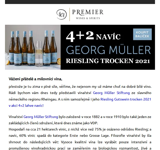 Premier Wines & Spirits: Riesling Gutswein trocken 2021 akce 4+2 – červenec 2026 | Nuslet.cz