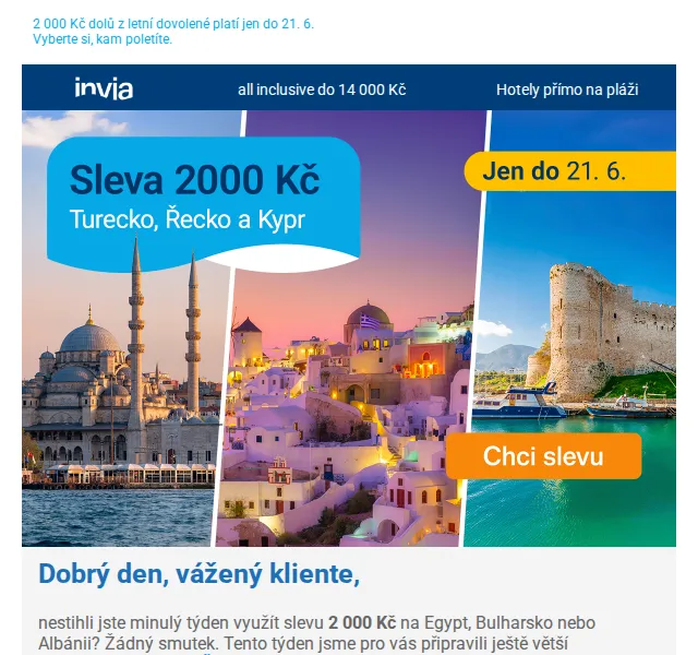 Invia: slevy 2 000 Kč na dovolené – červen 2026