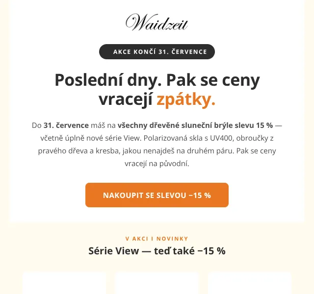 Waidzeit dřevěné sluneční brýle −15 % – červenec 2026