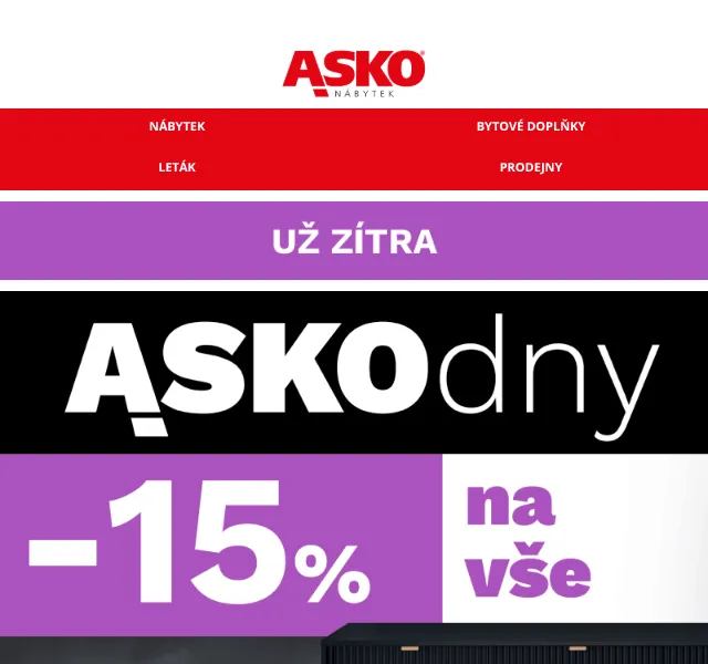 Asko Nábytek: 15 % sleva na nábytek – srpen 2026 | Nuslet.cz