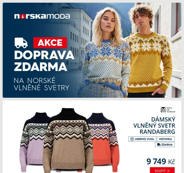 Norskamoda.cz: Doprava zdarma na norské svetry + 25% na Kari Traa – červen 2026 | Nuslet.cz