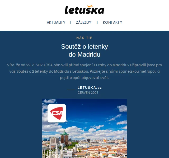Letuška.cz: Soutěž o 2 letenky do Madridu – červen 2026 | Nuslet.cz