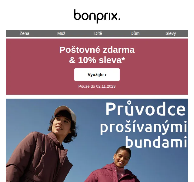 bonprix: 10% sleva + poštovné zdarma na prošívané bundy – červen 2026 | Nuslet.cz