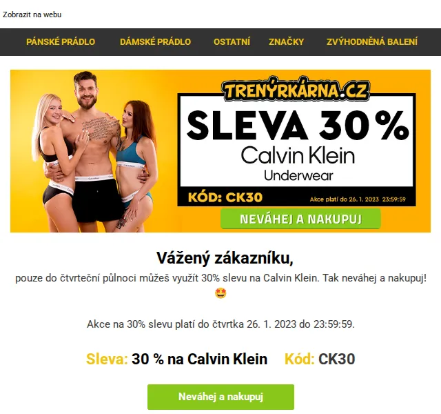 Trenýrkárna.cz: Calvin Klein 30% sleva – červen 2026 | Nuslet.cz
