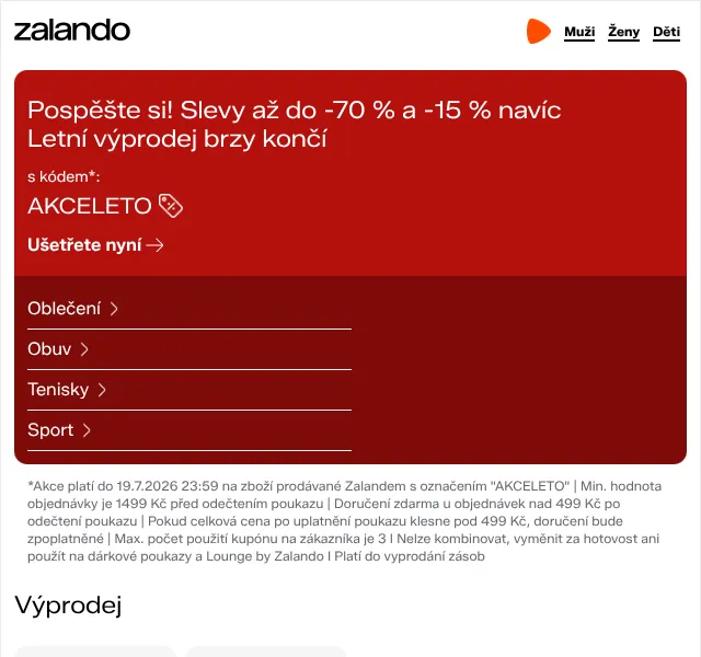 Zalando: Slevy až -70 % + kód AKCELETO – červenec 2026