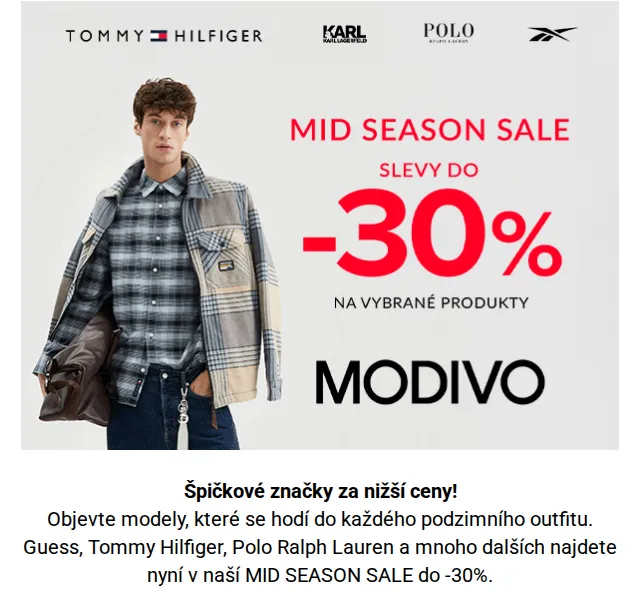 Modivo: MID SEASON SALE – slevy až 30 % na Guess, Tommy, Polo – červen 2026 | Nuslet.cz