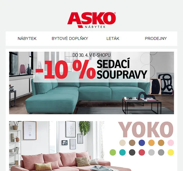 Asko Nábytek: SLEVA -10 % na sedací soupravy – červen 2026 | Nuslet.cz