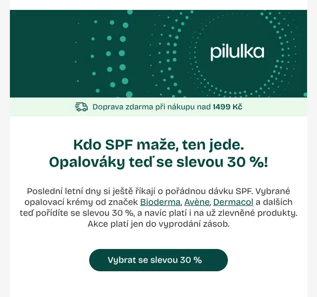 Pilulka.cz: SPF kosmetika se slevou 30 % – srpen 2026