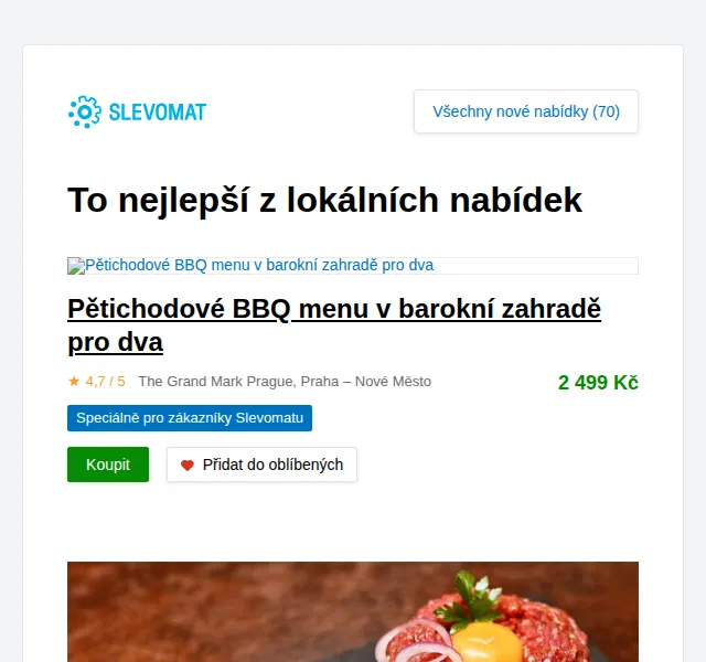 Slevomat: Půlkilový tatarák z rumpsteaku a nekonečně topinek za 299 Kč – červen 2026 | Nuslet.cz