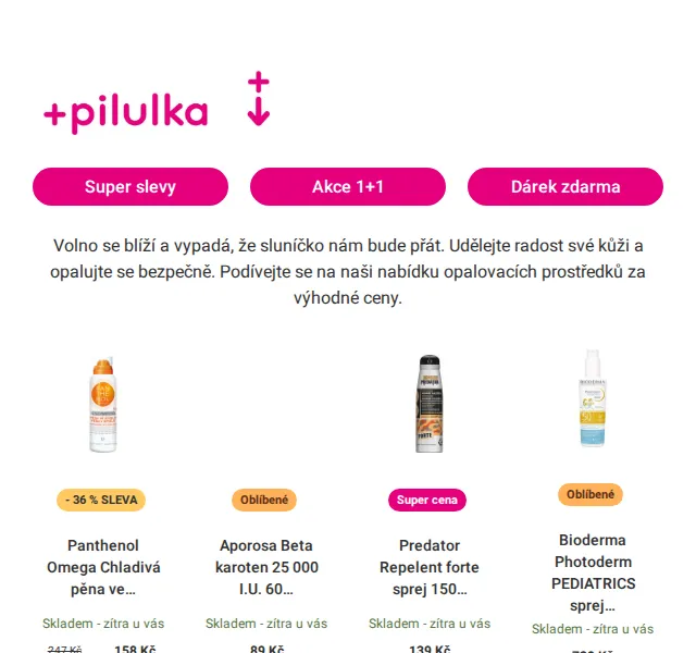 Pilulka.cz: Opalovací krémy se slevou až 36 % – červen 2026 | Nuslet.cz