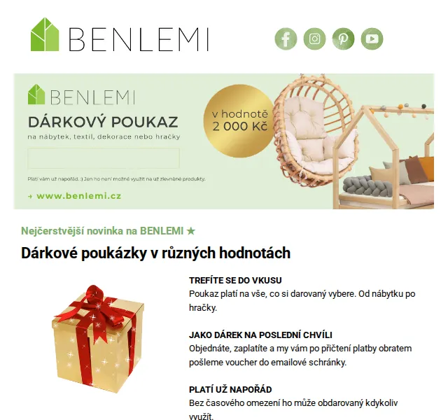 Benlemi: Dárkové poukazy 200–2 000 Kč – červen 2026 | Nuslet.cz