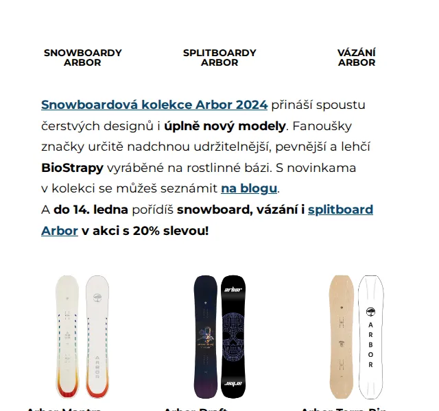 SNOWBOARD ZEZULA: Sleva 20 % na Arbor – červen 2026 | Nuslet.cz