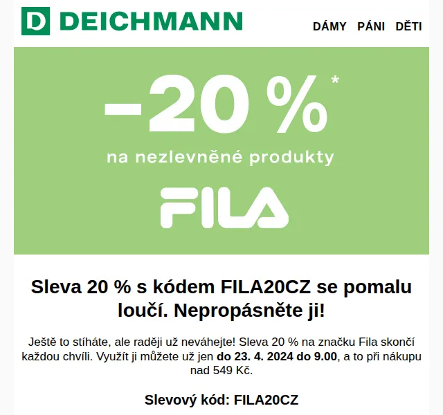 DEICHMANN: Sleva 20 % na FILA – duben 2024 | Nuslet.cz