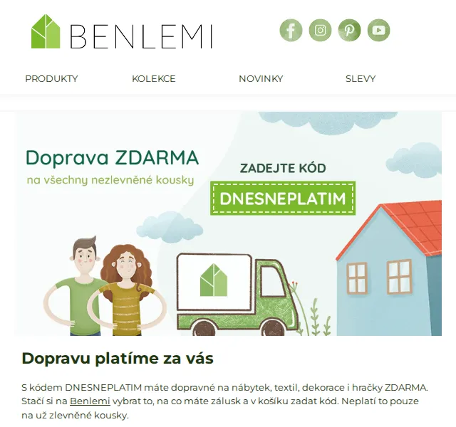 Benlemi: Doprava ZDARMA na nábytek a dekorace – červen 2026 | Nuslet.cz
