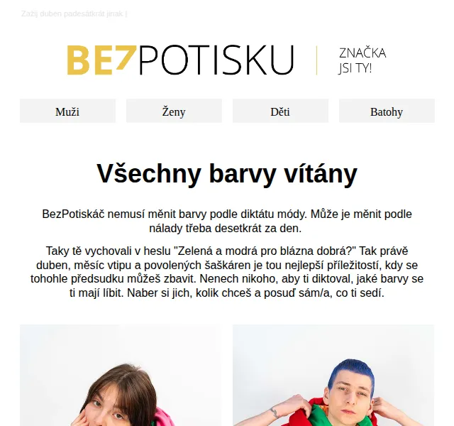 BezPotisku: Všechny barvy vítány – jarní trička – duben 2026 | Nuslet.cz