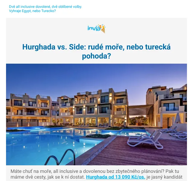 Invia: Hurghada od 13 090 Kč vs. Side – červenec 2026