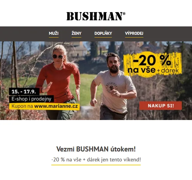 BUSHMAN: Sleva -20% na vše + dárek – červen 2026 | Nuslet.cz