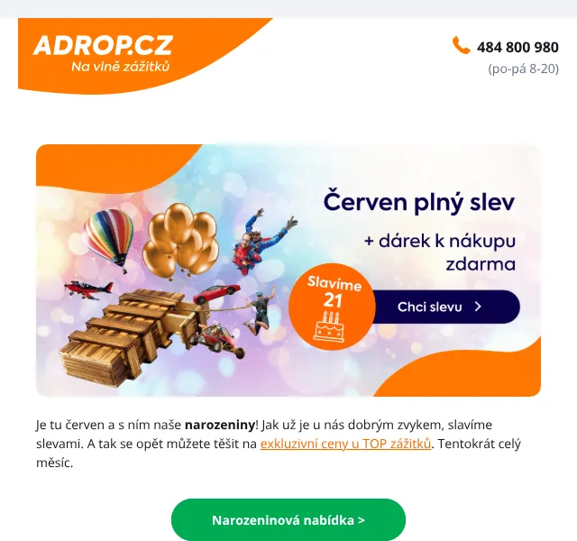 Adrop.cz: Narozeninové slevy na zážitky – červen 2026