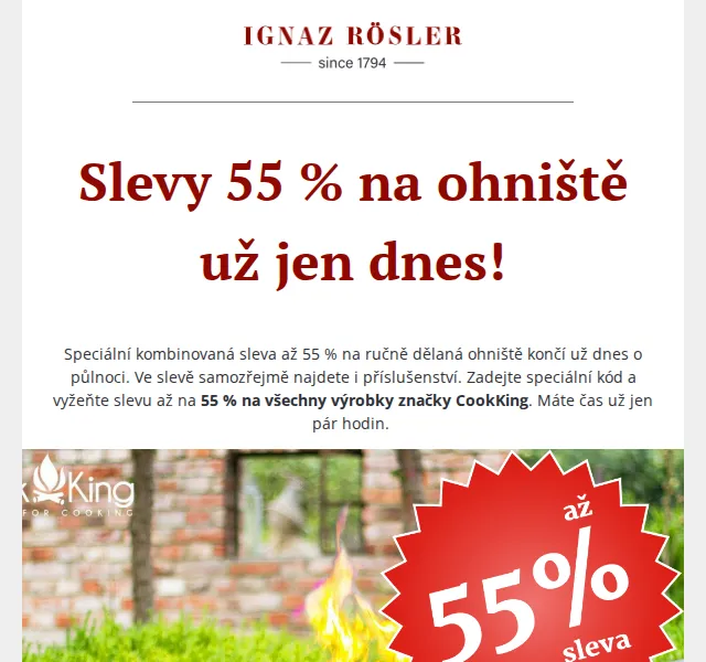 Ignazrosler.cz: Sleva 55 % na ohniště CookKing – červenec 2026 | Nuslet.cz