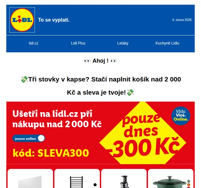 Lidl: Sleva 300 Kč nad 2000 Kč + zimní výbava – duben 2026