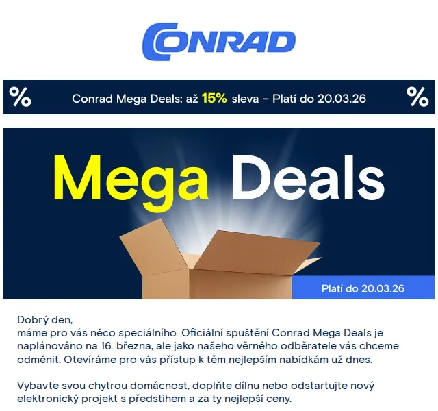 Conrad Electronic: Mega Deals sleva 15 % – březen 2026 | Nuslet.cz