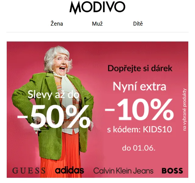 Modivo: Slevy do -50 % na značky jako GUESS, Calvin Klein, Adidas – červen 2026 | Nuslet.cz