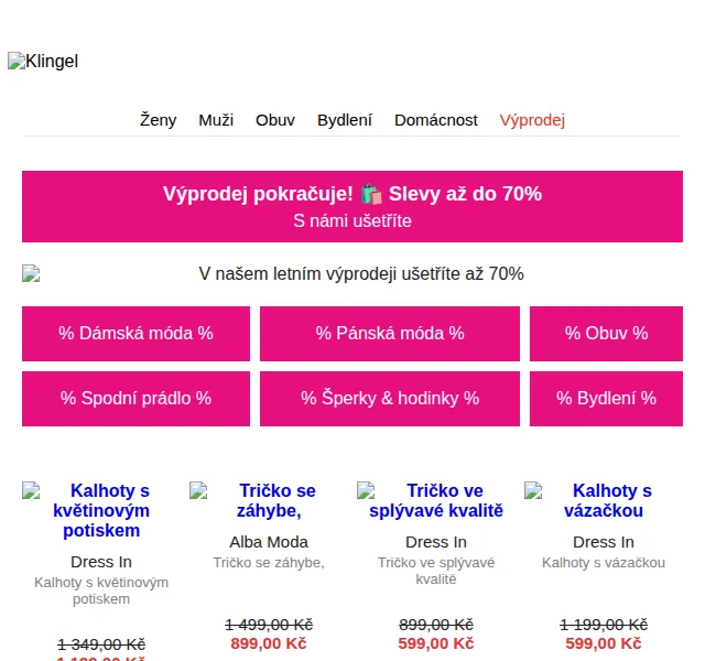 KLiNGEL: Výprodej se slevami až do 70 % – červen 2026 | Nuslet.cz