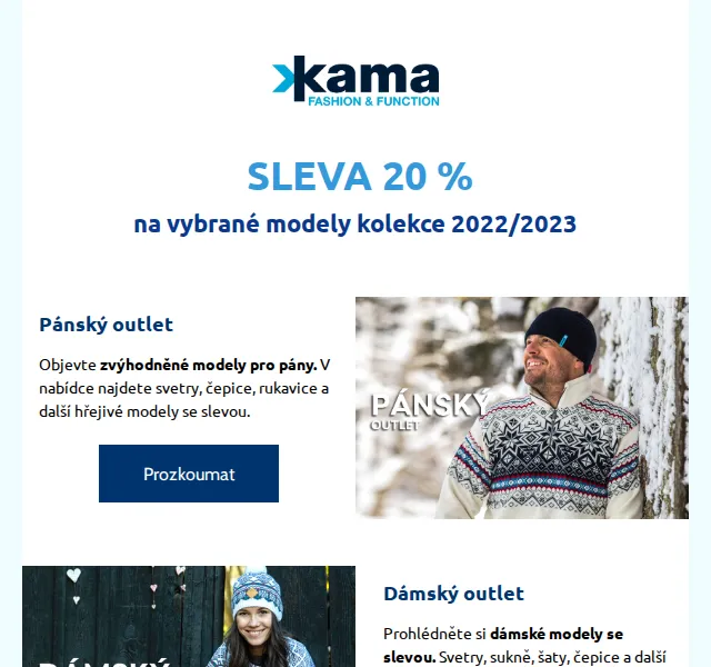KAMA: Slevy 20 % na outlet 2024 – červen 2026 | Nuslet.cz