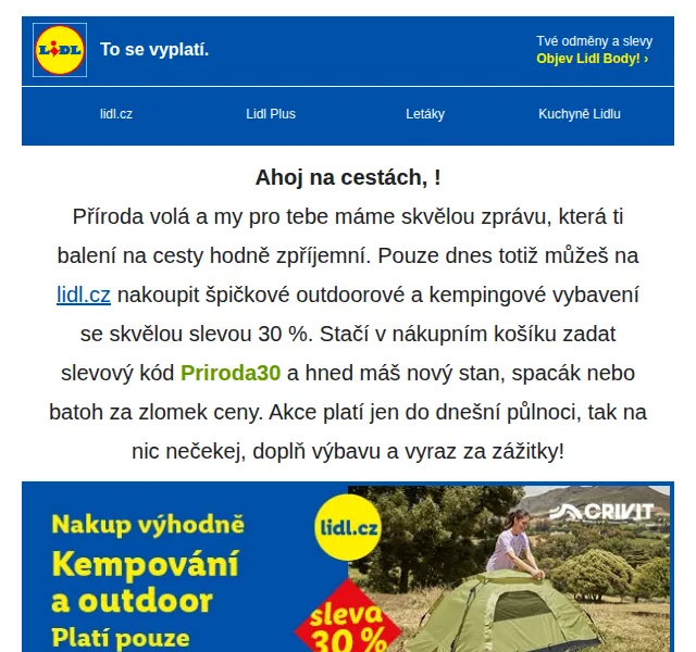 Lidl Plus: 30 % sleva na camping a outdoor – srpen 2026