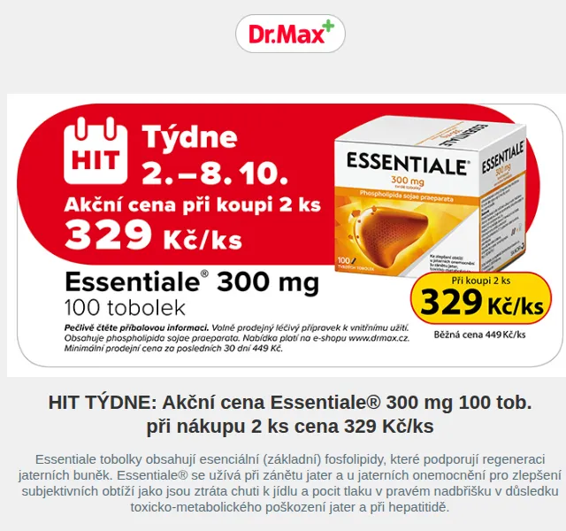 Dr.Max: Essentiale® 300 mg 100 tob. akce 329 Kč – červen 2026 | Nuslet.cz
