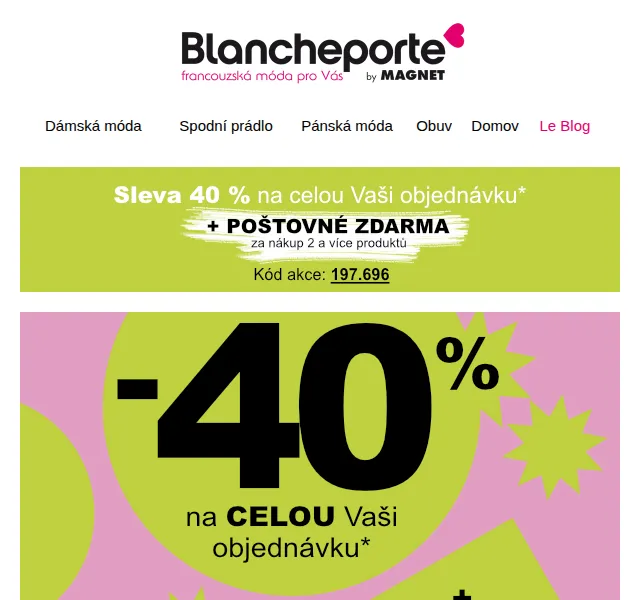 Blancheporte: sleva 40 % a poštovné zdarma od 2 kusů – červen 2026 | Nuslet.cz