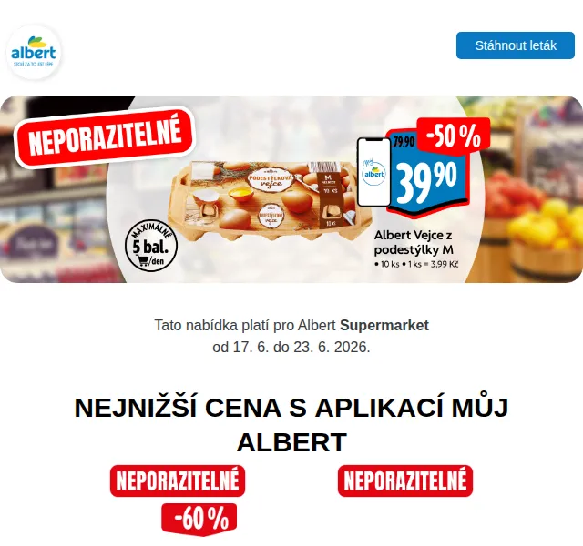 Albert: Meloun 19,90 Kč/kg, Actimel 89,90 Kč – červen 2026