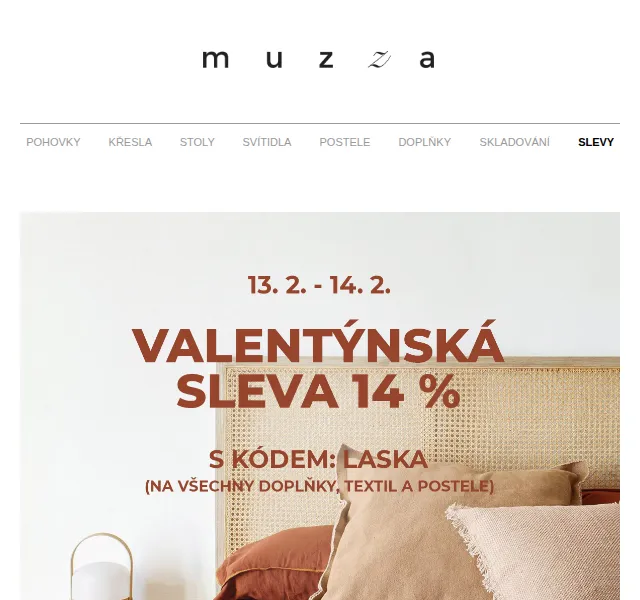 MUZZA: Valentýnská sleva 14 % na doplňky, textil a postele – červen 2026 | Nuslet.cz