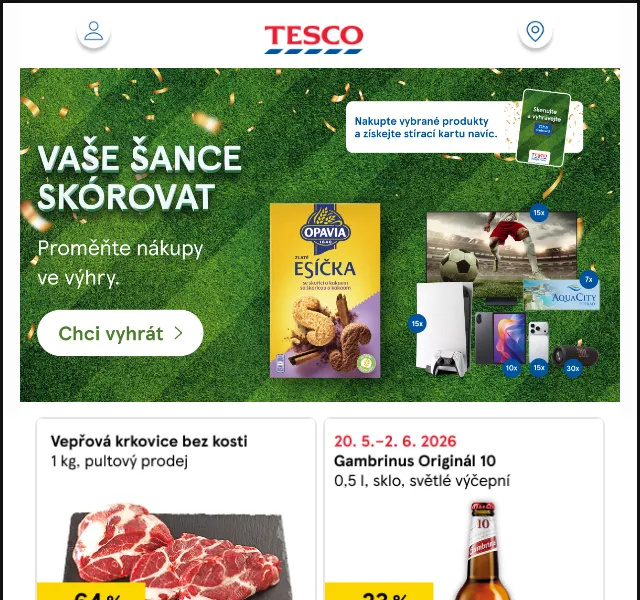 Tesco: Stírací karta do hry za nákup 350 Kč – květen 2026