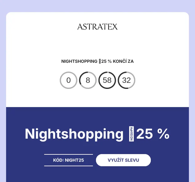 Astratex: Nightshopping −25 % slevový kód – říjen 2026
