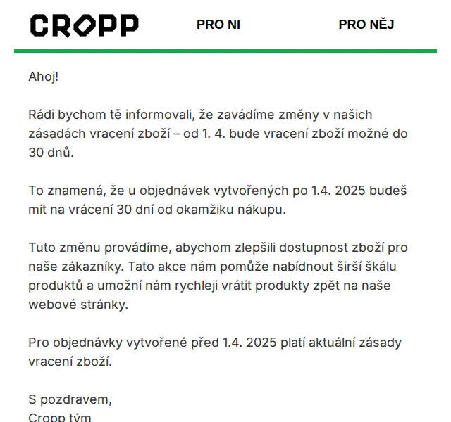 Cropp: Změny v pravidlech vracení zboží – červen 2026 | Nuslet.cz