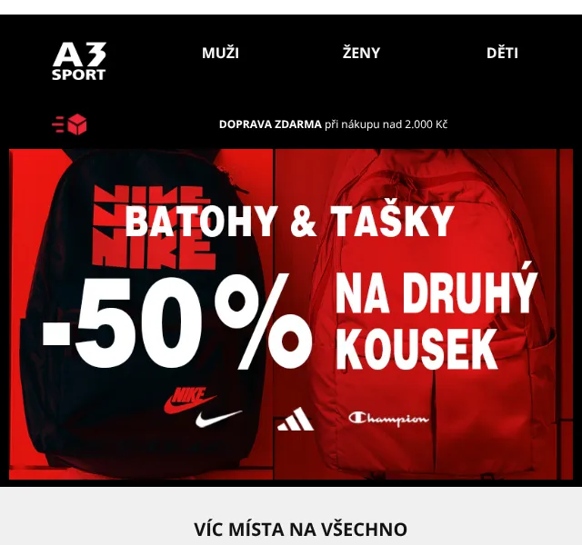 A3SPORT.CZ: Druhý batoh a taška -50 % – červen 2026